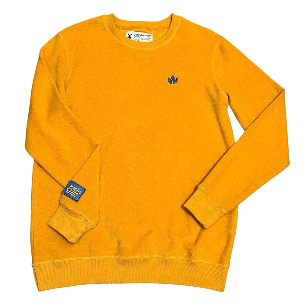 DUTCH BROS Brothers Coffee Mustard Yellow Fleece Terry Sweatshirt Logo Men's S